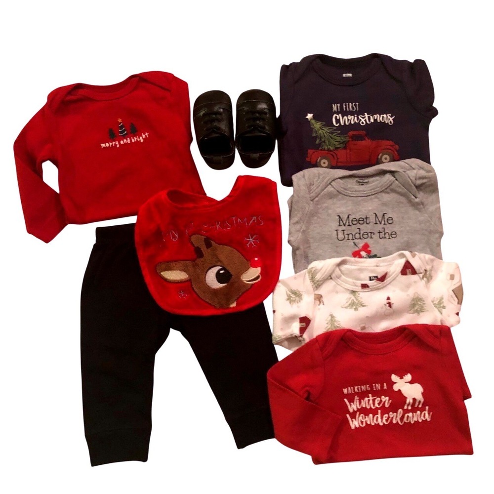 Baby Boy First Christmas 8pc Outfit Set 3-6 Month Navy Red Black Festive EUC